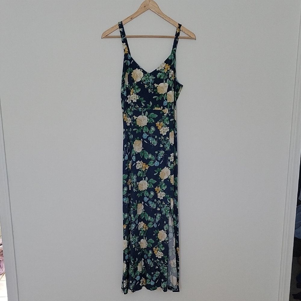 Old Navy Blue Floral Maxi Slip Dress Side Slit Boho Summer Size S